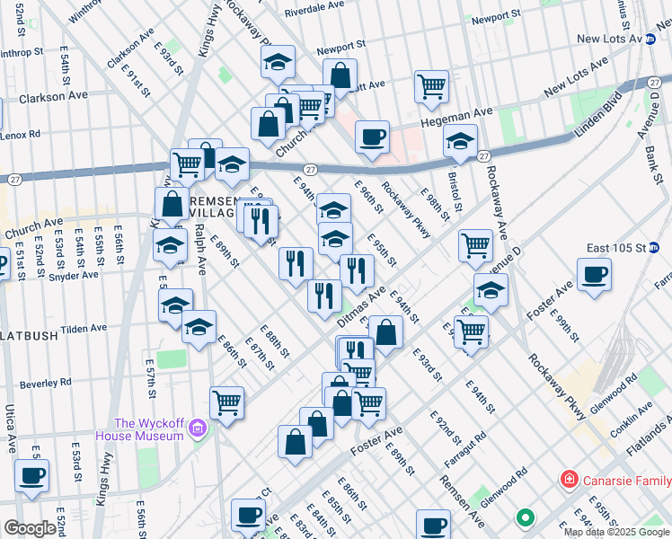 map of restaurants, bars, coffee shops, grocery stores, and more near 725 East 92nd Street in Brooklyn