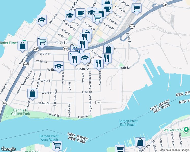 map of restaurants, bars, coffee shops, grocery stores, and more near 114 Lexington Avenue in Bayonne