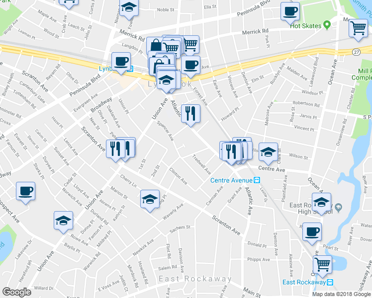 map of restaurants, bars, coffee shops, grocery stores, and more near 124 Stella Court in Lynbrook