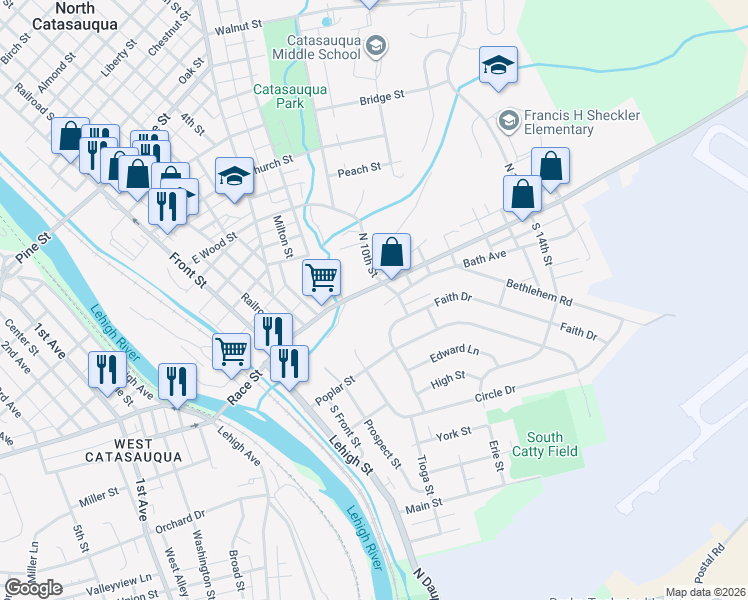map of restaurants, bars, coffee shops, grocery stores, and more near 210 Faith Drive in Catasauqua