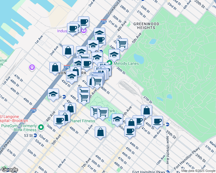 map of restaurants, bars, coffee shops, grocery stores, and more near 566 39th Street in Brooklyn