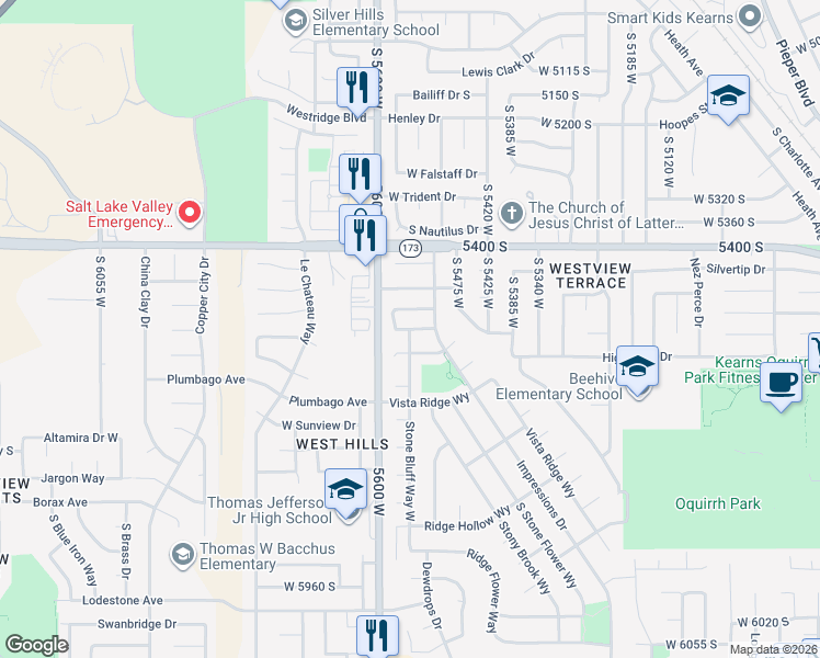 map of restaurants, bars, coffee shops, grocery stores, and more near 5638 West Stone Bluff Way in Kearns