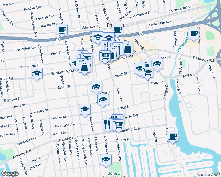 map of restaurants, bars, coffee shops, grocery stores, and more near 180 Guy Lombardo Avenue in Freeport