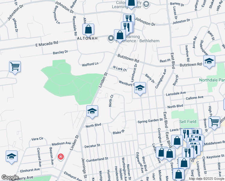 map of restaurants, bars, coffee shops, grocery stores, and more near 2720 Linden Street in Bethlehem