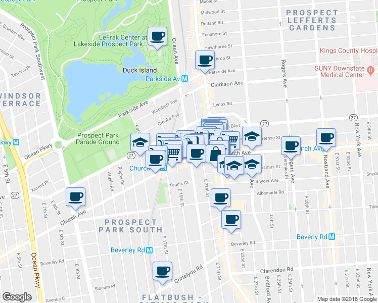 map of restaurants, bars, coffee shops, grocery stores, and more near 502 Ocean Avenue in Brooklyn