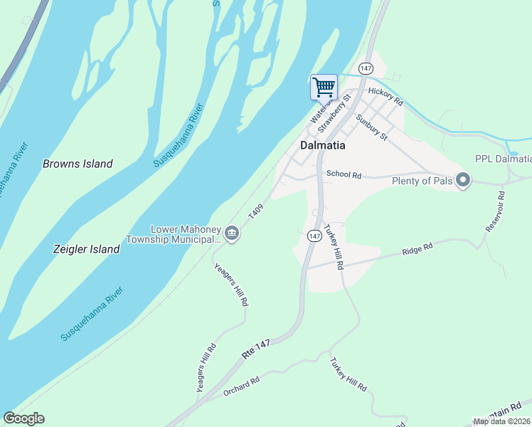 map of restaurants, bars, coffee shops, grocery stores, and more near 132 River Road in Dalmatia