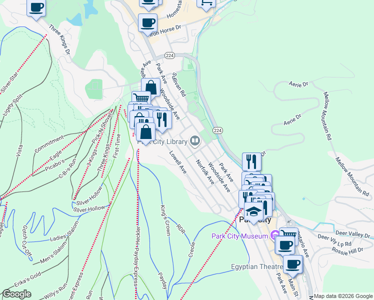 map of restaurants, bars, coffee shops, grocery stores, and more near 1203 Empire Avenue in Park City