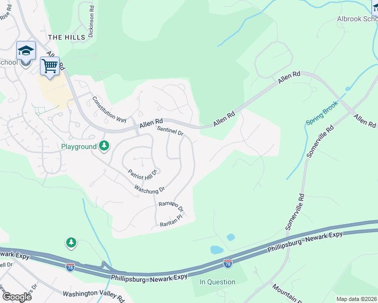 map of restaurants, bars, coffee shops, grocery stores, and more near 32 Sentinel Drive in Basking Ridge