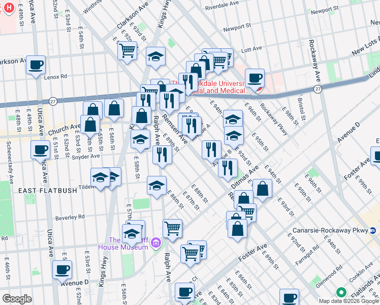 map of restaurants, bars, coffee shops, grocery stores, and more near 126 East 89th Street in Brooklyn