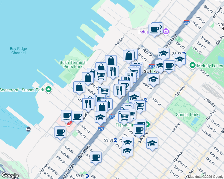 map of restaurants, bars, coffee shops, grocery stores, and more near 215 47th Street in Brooklyn