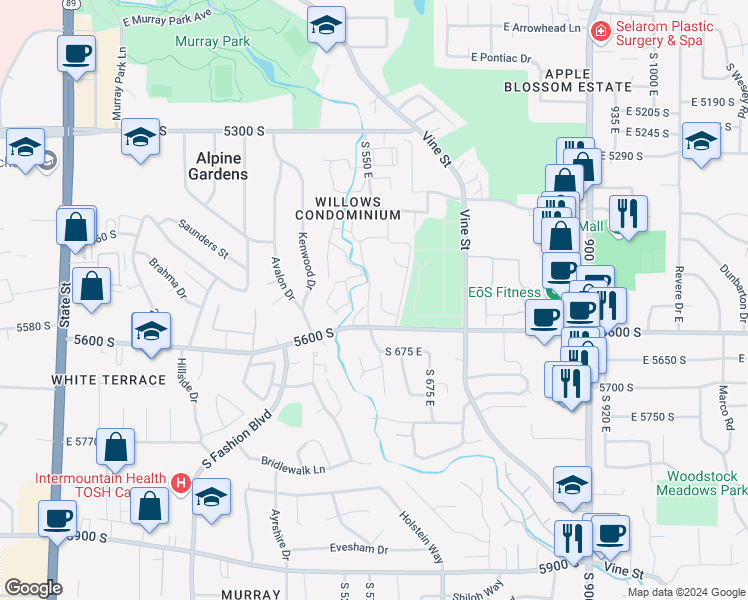 map of restaurants, bars, coffee shops, grocery stores, and more near 600 Marshwood Lane in Murray