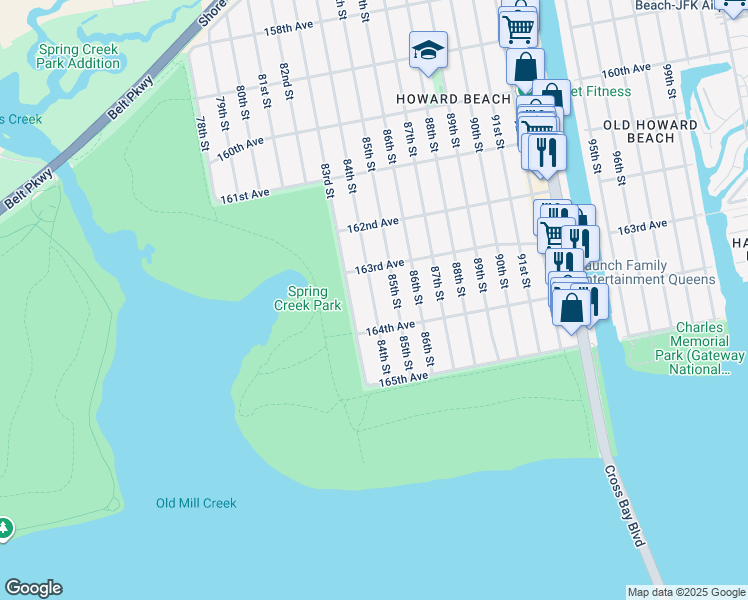 map of restaurants, bars, coffee shops, grocery stores, and more near 163-52 84th Street in Queens