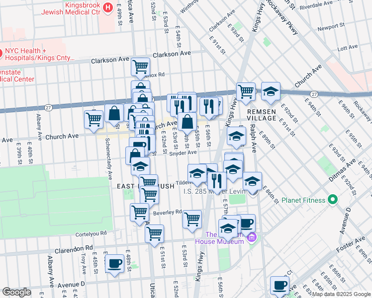 map of restaurants, bars, coffee shops, grocery stores, and more near 355 East 54th Street in Brooklyn