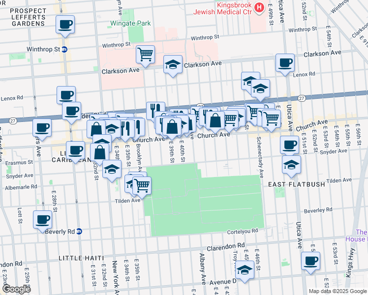 map of restaurants, bars, coffee shops, grocery stores, and more near 289 East 40th Street in Brooklyn