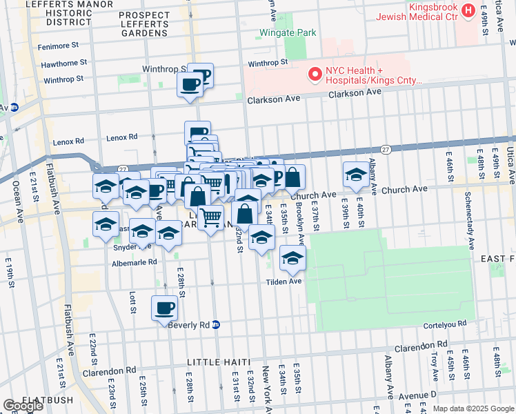 map of restaurants, bars, coffee shops, grocery stores, and more near 956 New York Avenue in Brooklyn