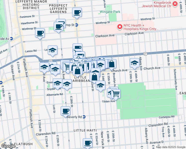 map of restaurants, bars, coffee shops, grocery stores, and more near 956 New York Avenue in Brooklyn