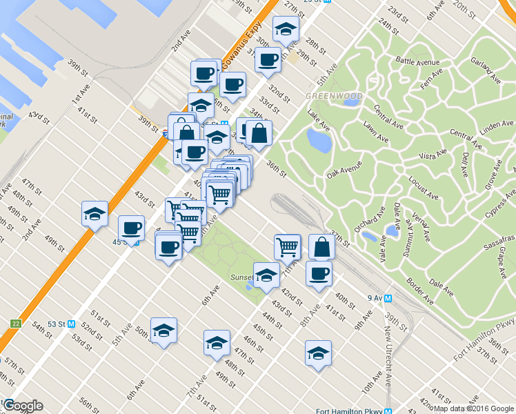 map of restaurants, bars, coffee shops, grocery stores, and more near 566 39th Street in Brooklyn