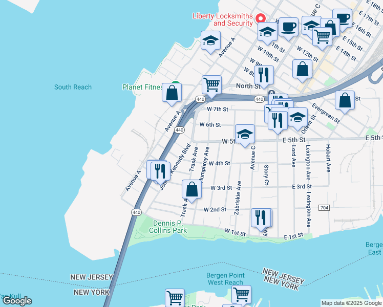 map of restaurants, bars, coffee shops, grocery stores, and more near 138 West 4th Street in Bayonne