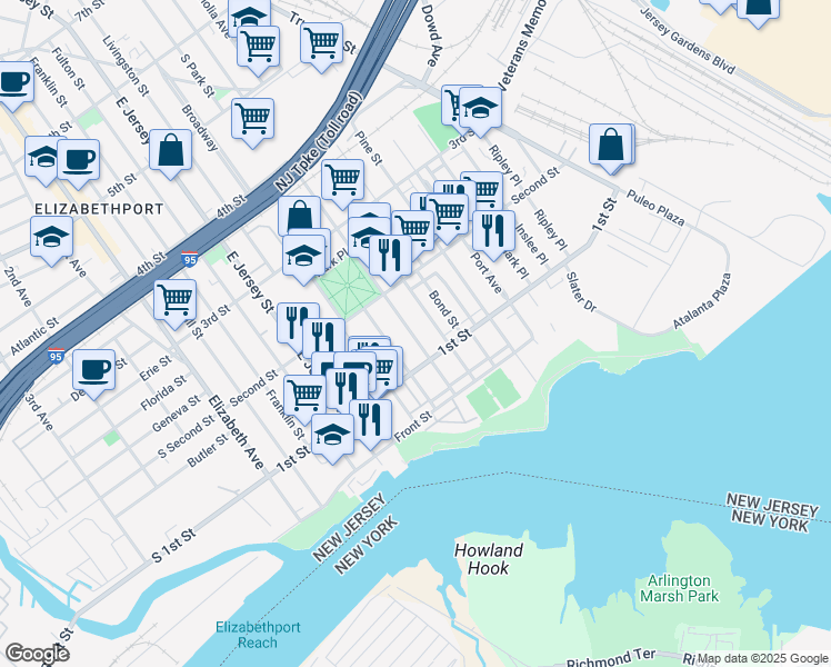 map of restaurants, bars, coffee shops, grocery stores, and more near 113 South Park Street in Elizabeth