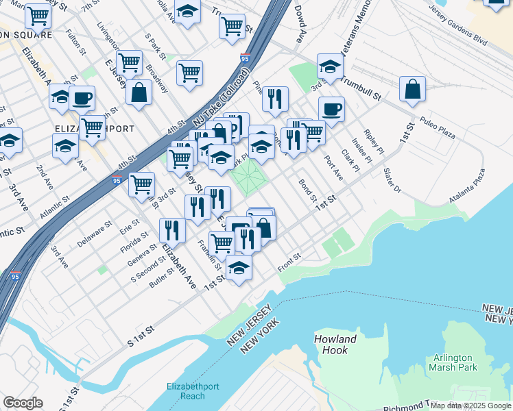 map of restaurants, bars, coffee shops, grocery stores, and more near 133 Broadway in Elizabeth