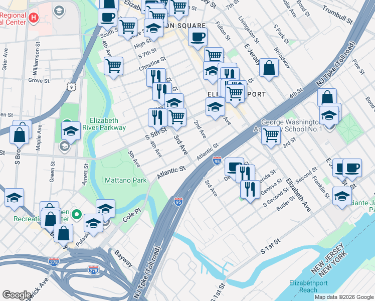 map of restaurants, bars, coffee shops, grocery stores, and more near 314 Doyle Street in Elizabeth
