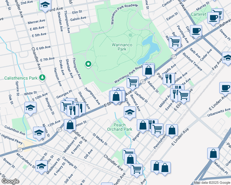 map of restaurants, bars, coffee shops, grocery stores, and more near 1537 East Saint Georges Avenue in Roselle