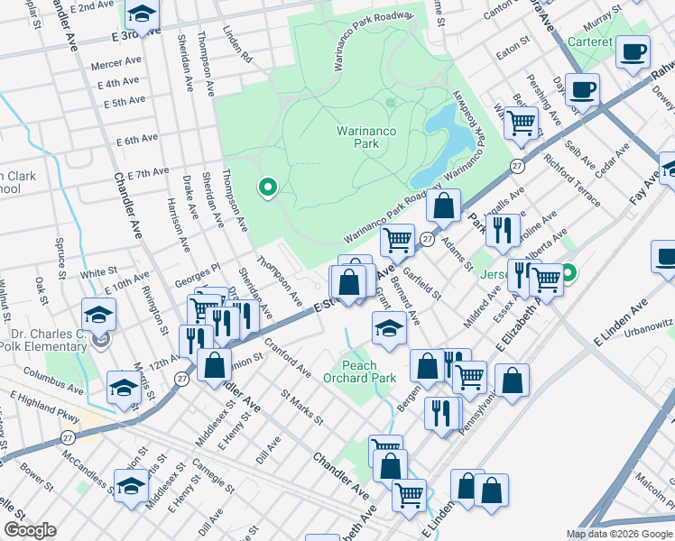map of restaurants, bars, coffee shops, grocery stores, and more near 5A Carolyn Terrace in Roselle