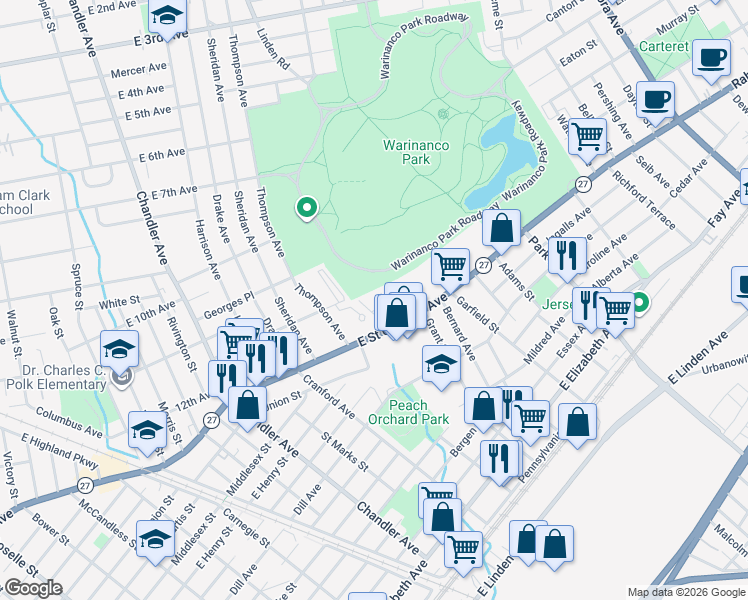 map of restaurants, bars, coffee shops, grocery stores, and more near 5A Carolyn Terrace in Roselle