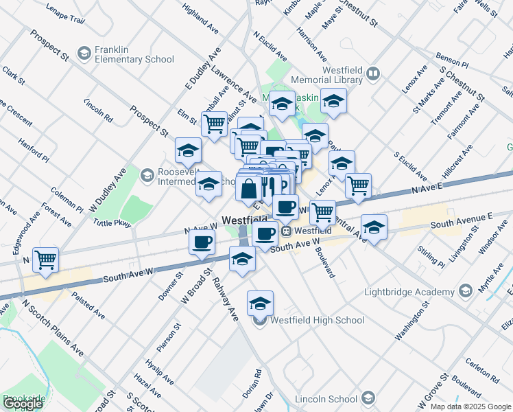 map of restaurants, bars, coffee shops, grocery stores, and more near 431 North Avenue West in Westfield
