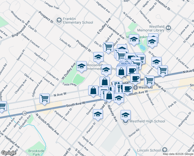 map of restaurants, bars, coffee shops, grocery stores, and more near 231 Clark Street in Westfield