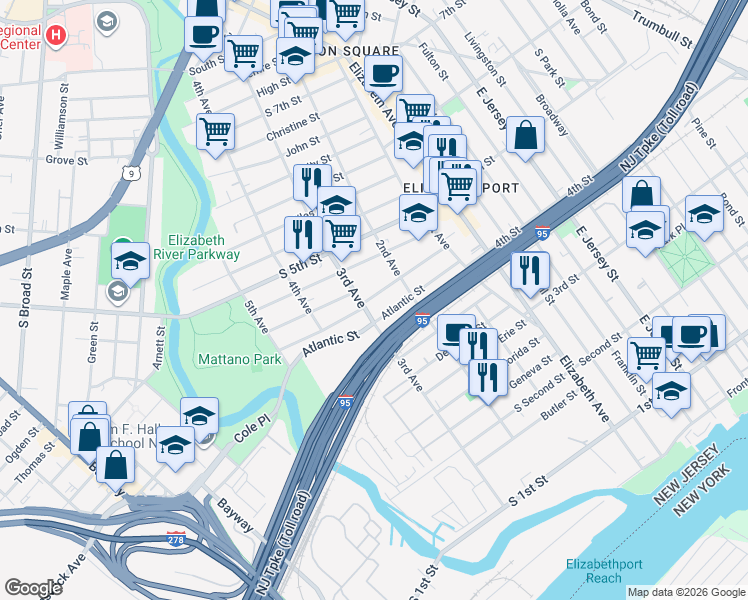 map of restaurants, bars, coffee shops, grocery stores, and more near 226 Atlantic Street in Elizabeth