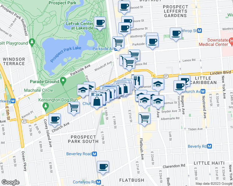 map of restaurants, bars, coffee shops, grocery stores, and more near 1911 Church Avenue in Brooklyn
