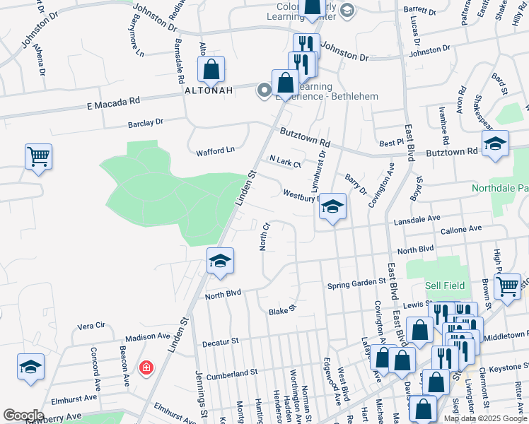 map of restaurants, bars, coffee shops, grocery stores, and more near 7 Star Court in Bethlehem