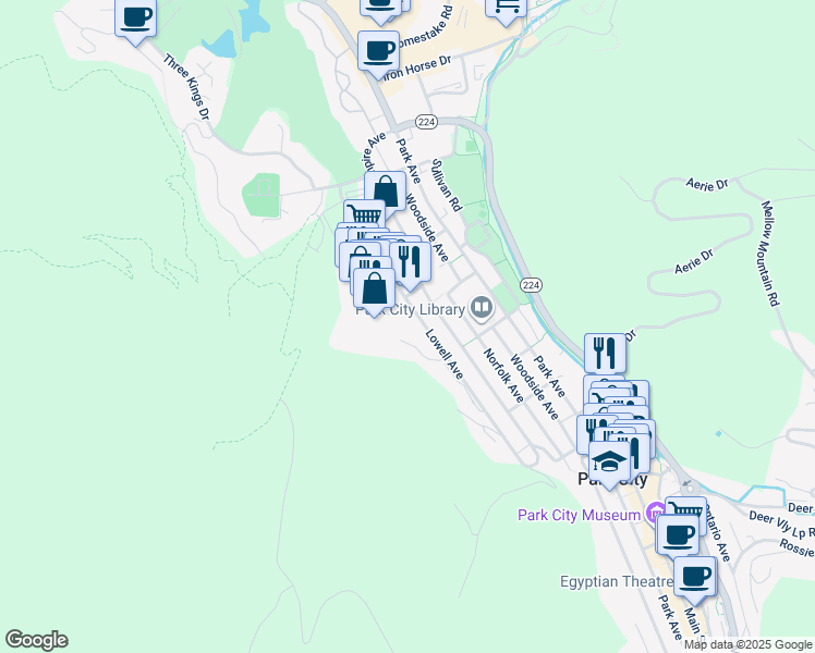 map of restaurants, bars, coffee shops, grocery stores, and more near 1293 Lowell Avenue in Park City