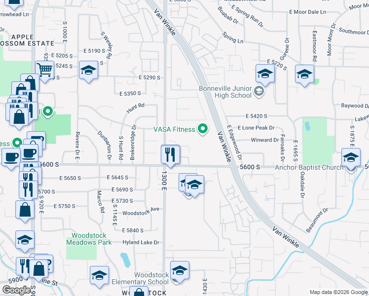 map of restaurants, bars, coffee shops, grocery stores, and more near 1360 Old Maple Court in Salt Lake City