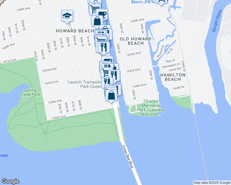 map of restaurants, bars, coffee shops, grocery stores, and more near 164-01 Cross Bay Boulevard in Queens