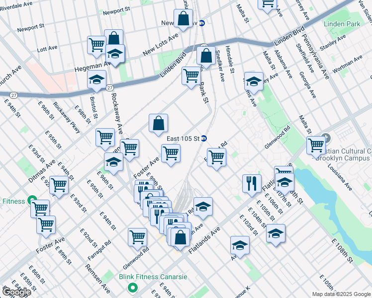 map of restaurants, bars, coffee shops, grocery stores, and more near 10300 Foster Avenue in Brooklyn
