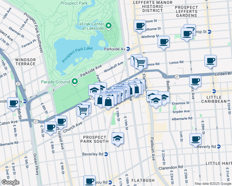 map of restaurants, bars, coffee shops, grocery stores, and more near 1811 Church Avenue in Brooklyn