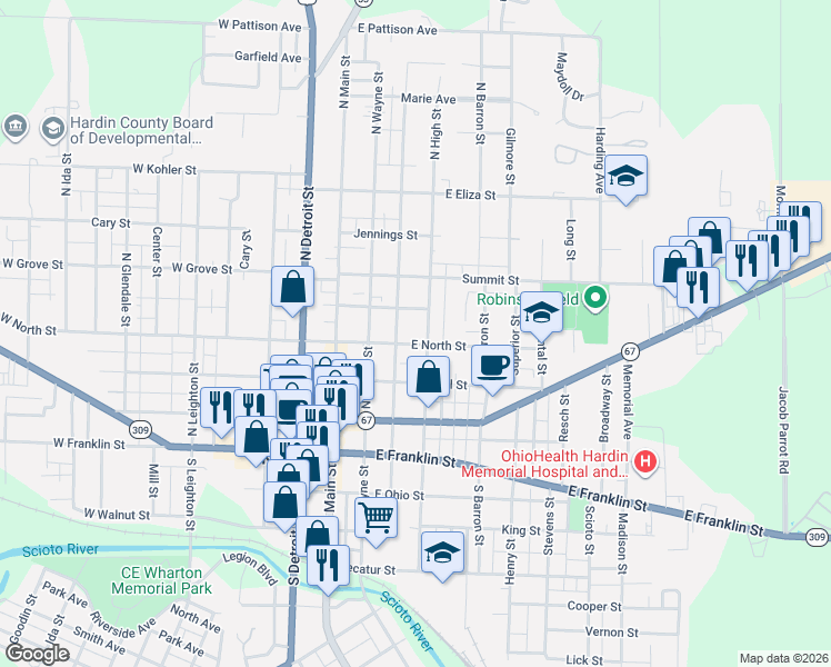 map of restaurants, bars, coffee shops, grocery stores, and more near 228 North High Street in Kenton