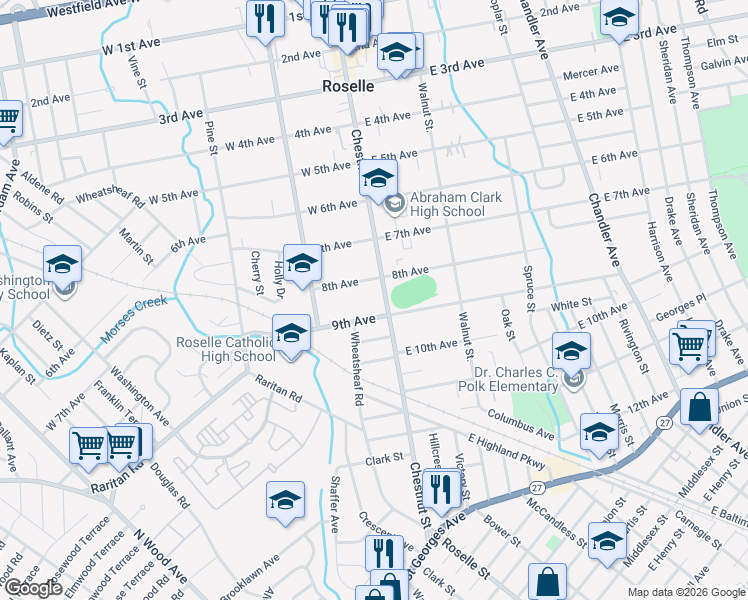 map of restaurants, bars, coffee shops, grocery stores, and more near 108 County Route 619 in Roselle