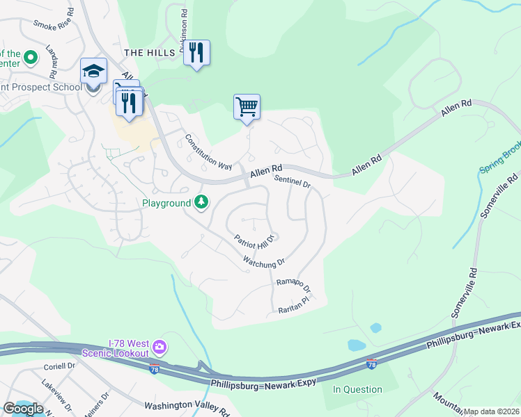 map of restaurants, bars, coffee shops, grocery stores, and more near 12 Hancock Court in Basking Ridge