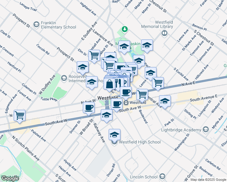 map of restaurants, bars, coffee shops, grocery stores, and more near E Broad St & Prospect St in Westfield