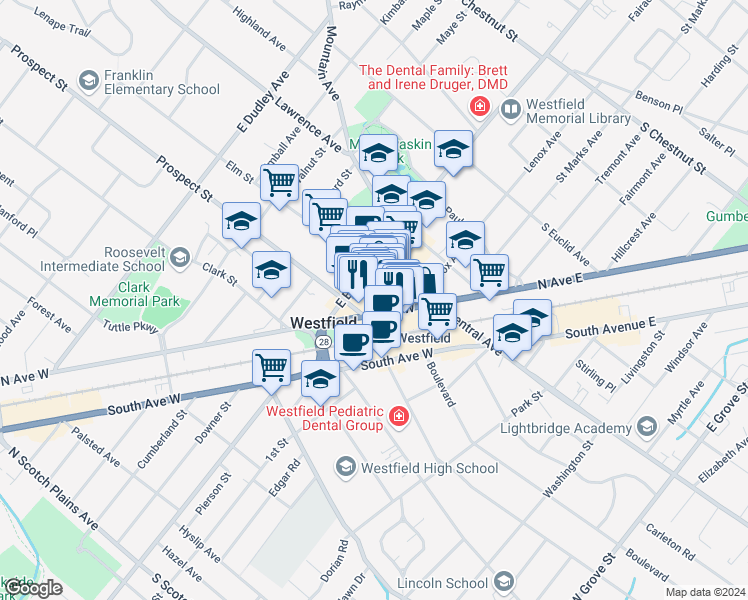 map of restaurants, bars, coffee shops, grocery stores, and more near 25 Elm Street in Westfield