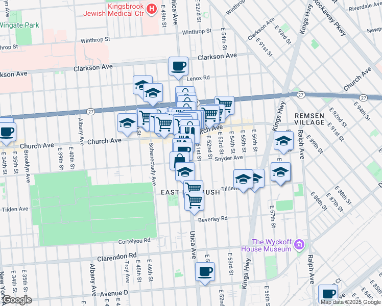map of restaurants, bars, coffee shops, grocery stores, and more near 919 Utica Avenue in Brooklyn