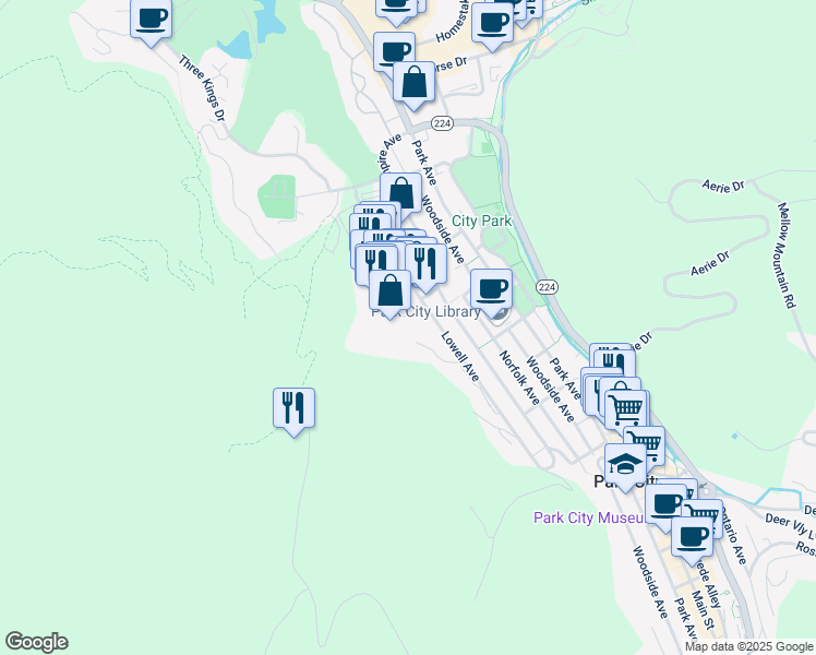 map of restaurants, bars, coffee shops, grocery stores, and more near 1271 Lowell Avenue in Park City
