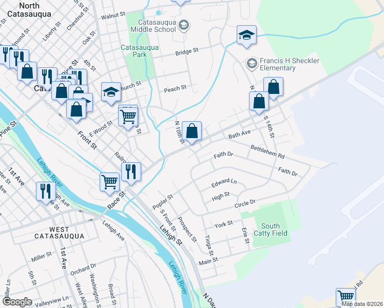 map of restaurants, bars, coffee shops, grocery stores, and more near 210 Faith Drive in Catasauqua