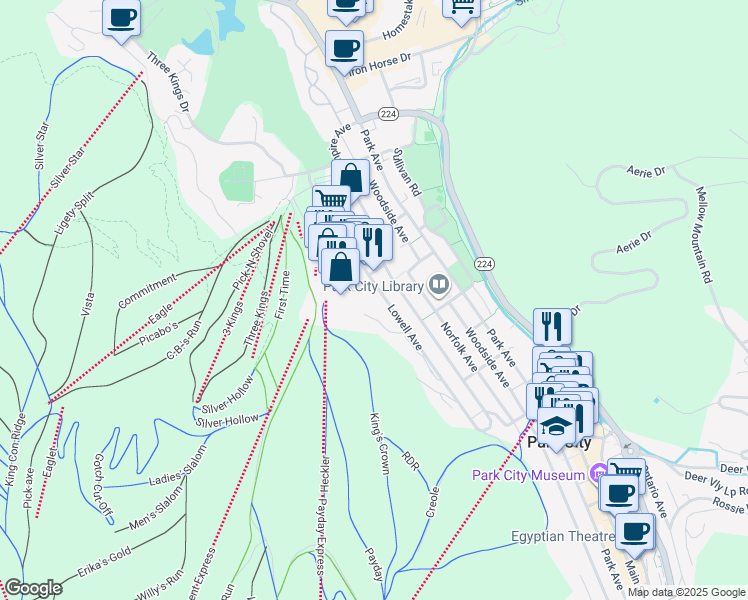 map of restaurants, bars, coffee shops, grocery stores, and more near 1293 Lowell Avenue in Park City