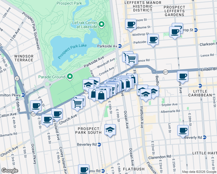 map of restaurants, bars, coffee shops, grocery stores, and more near 27 East 18th Street in Brooklyn