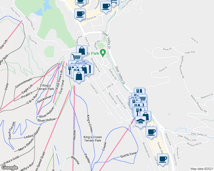 map of restaurants, bars, coffee shops, grocery stores, and more near 1255 Park Avenue in Park City