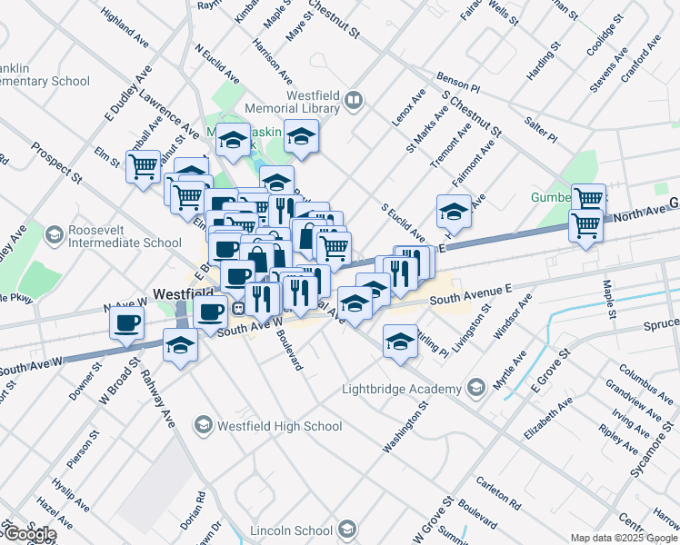 map of restaurants, bars, coffee shops, grocery stores, and more near 300 North Avenue East in Westfield